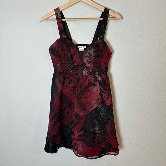 Hang Ten Dresses & Skirts - Vintage Y2K Red Black Abstract Print Whimsygoth Mini Dress Grunge Lace Sz 1 XS